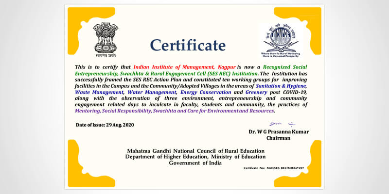 IIM Nagpur receives SES REC Certificate
